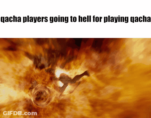 A Picture Of A Person Falling Into A Fire With The Words " Qacha Players Going To Hell For Playing Qacha " GIF
