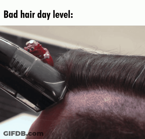 A Picture Of A Person Getting Their Hair Cut With A Caption That Says " Bad Hair Day Level " GIF