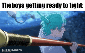 A Picture Of A Person Holding A Stick With The Words " The Boys Getting Ready To Fight " On It GIF