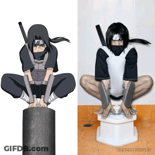 A Picture Of A Person In A Ninja Costume Next To A Picture Of A Person On A Toilet GIF