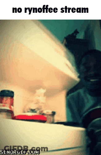 A Picture Of A Person In A Refrigerator With The Words No Rynoffee Stream Below It GIF
