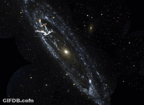 A Picture Of A Person Riding A Scooter In The Middle Of The Galaxy GIF
