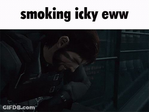 A Picture Of A Person Smoking A Cigarette With The Words Smoking Icky Eww Above It GIF