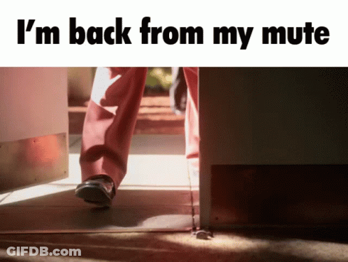 A Picture Of A Person Walking With The Words " I 'M Back From My Mute " On The Bottom GIF