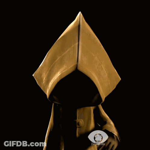A Picture Of A Person Wearing A Hooded Cape With A Logo For Fawkum On The Bottom Right Corner GIF