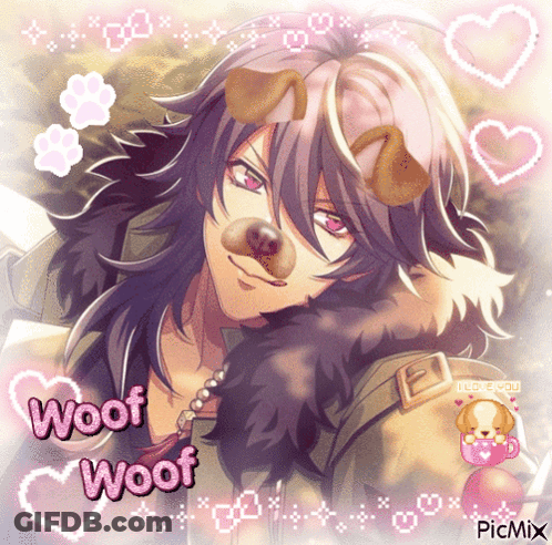 A Picture Of A Person With A Dog Nose And The Words Woof Woof GIF
