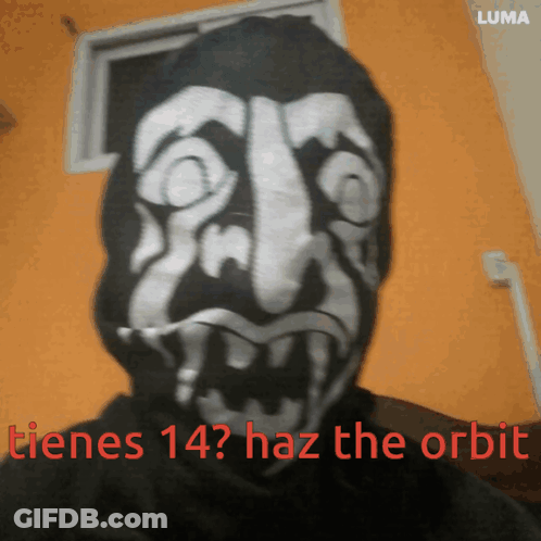A Picture Of A Person With A Face Painted On It And The Words " Crenes 14 Haz The Orbit " On The Bottom GIF