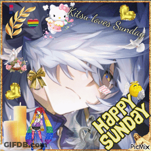 A Picture Of A Person With A Hello Kitty And The Words Happy Sunday On It GIF