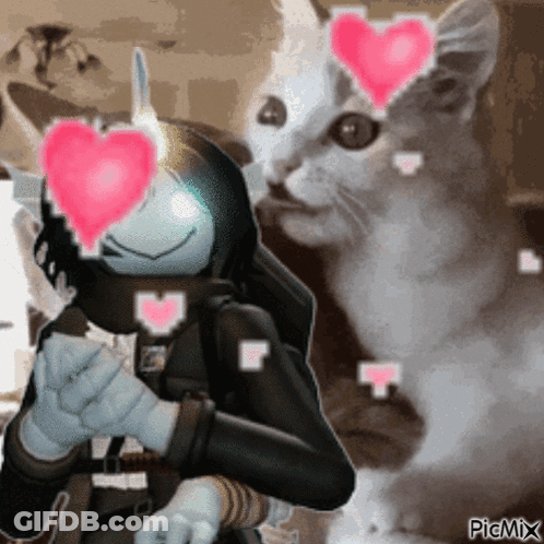 A Picture Of A Person With Hearts On Their Eyes And A Cat With Hearts On Its Face GIF