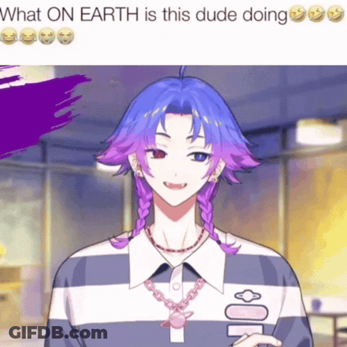 A Picture Of A Person With Purple Hair And The Words What On Earth Is This Dude Doing Below Them GIF