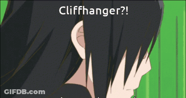 A Picture Of A Person With Red Eyes And The Words " Cliffhanger " Above Them GIF