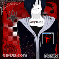 A Picture Of A Person With The Word Devilish On Their Chest GIF