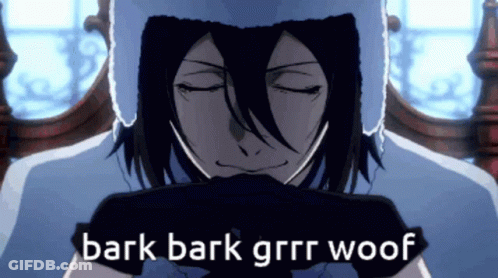 A Picture Of A Person With The Words Bark Bark Grrr Woof GIF