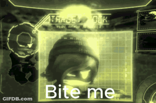 A Picture Of A Person With The Words " Bite Me " On It GIF