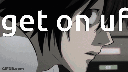 A Picture Of A Person With The Words Get On Uf Written Above It GIF