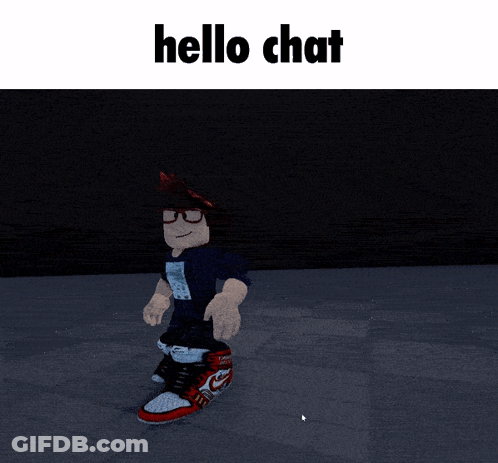 A Picture Of A Person With The Words Hello Chat Written Above Them GIF