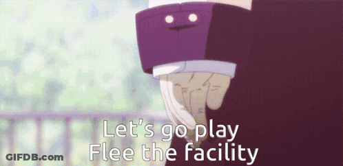 A Picture Of A Person With The Words Let 'S Go Play Flee The Facility Below Them GIF