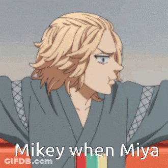A Picture Of A Person With The Words `` Mikey When Miya '' On It . GIF