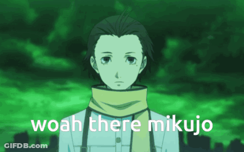 A Picture Of A Person With The Words Woah There Mikujo Written On It GIF