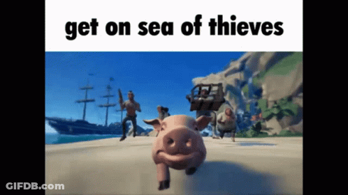 A Picture Of A Pig Running On A Beach With The Words Get On Sea Of Thieves GIF