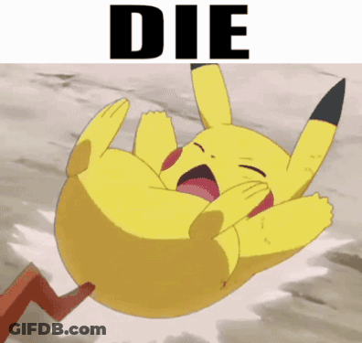 A Picture Of A Pikachu Laying On Its Back With The Word Die Above It GIF