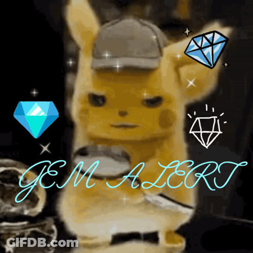 A Picture Of A Pikachu With A Magnifying Glass And The Words Gem Alert Written On The Bottom GIF