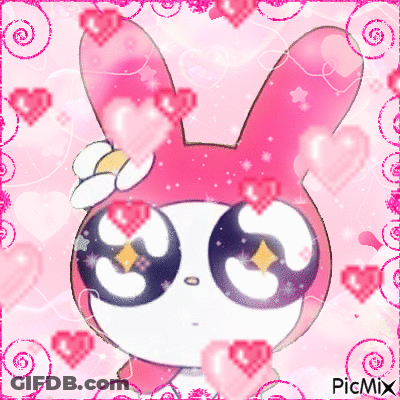 A Picture Of A Pink Bunny Surrounded By Pink Hearts . GIF