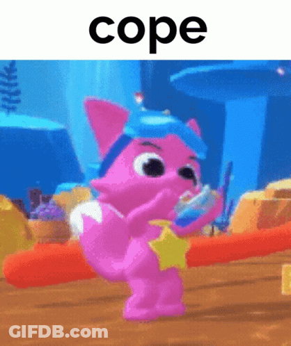 A Picture Of A Pink Cartoon Character With The Word Cope Above It GIF