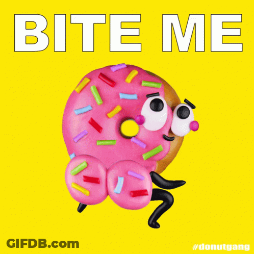 A Picture Of A Pink Donut With Sprinkles And The Words Bite Me Below It GIF