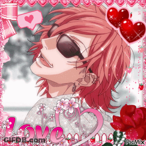 A Picture Of A Pink Haired Anime Character With The Word Love Written On The Bottom GIF