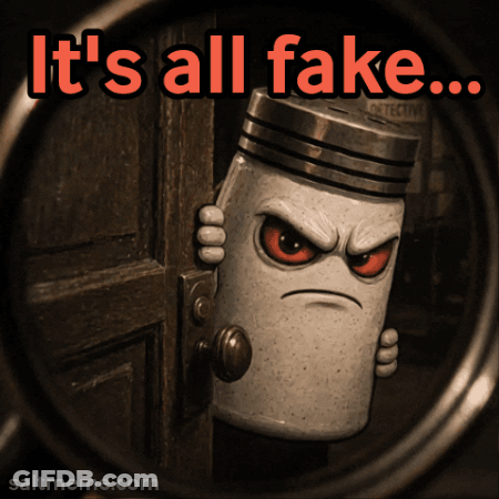 A Picture Of A Piston With The Words " It 'S All Fake " Below It GIF