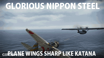 A Picture Of A Plane With The Words " Glorious Nippon Steel Plane Wings Sharp Like Katana " GIF