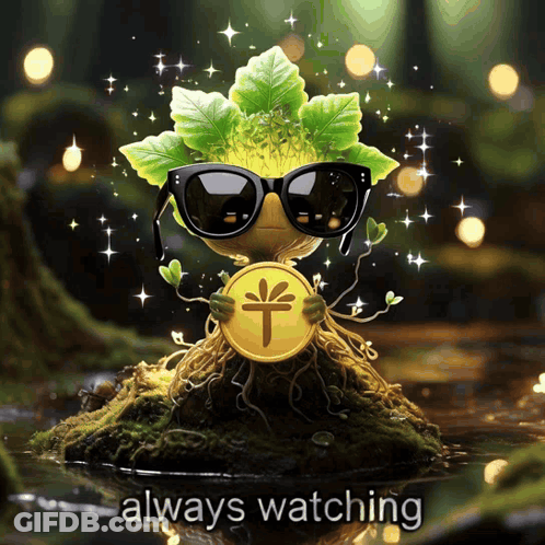 A Picture Of A Plant Wearing Sunglasses And Holding A Gold Coin With The Words Always Watching Below It GIF