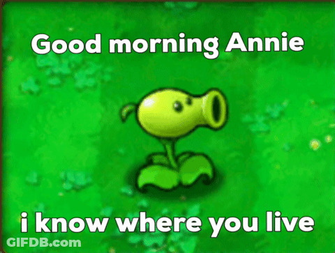 A Picture Of A Plant With The Words " Good Morning Annie I Know Where You Live " Below It GIF