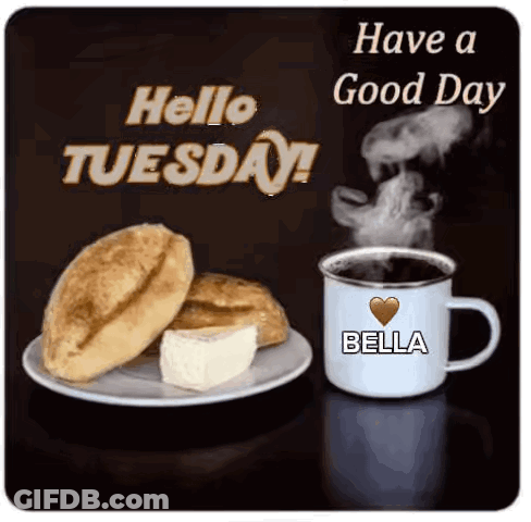 A Picture Of A Plate Of Food And A Cup Of Coffee With The Words Have A Good Day Tuesday . GIF
