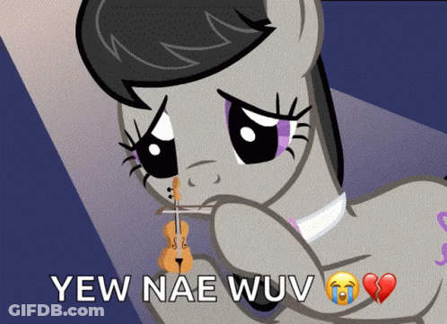 A Picture Of A Pony Holding A Violin With The Words " Yew Nae Wuv " On The Bottom GIF