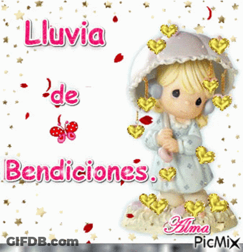 A Picture Of A Precious Moments Doll Holding An Umbrella With The Words Lluvia De Bendiciones GIF