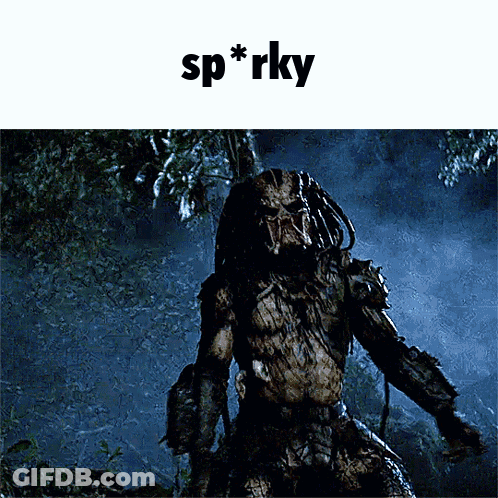 A Picture Of A Predator With The Words Sp * Rky Above Him GIF