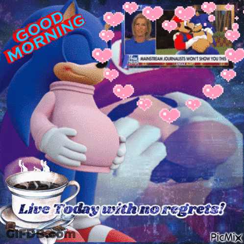 A Picture Of A Pregnant Sonic Holding A Cup Of Coffee With The Words " Live Today With No Regrets " GIF