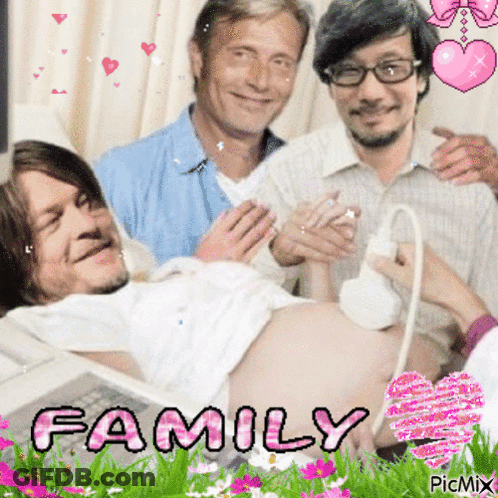 A Picture Of A Pregnant Woman Being Examined By Two Men With The Word Family On The Bottom GIF