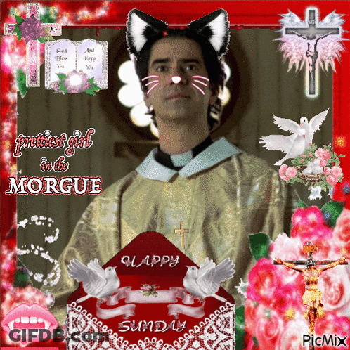 A Picture Of A Priest With A Cat Face And The Words " Prettiest Girl In The Morgue " On It GIF