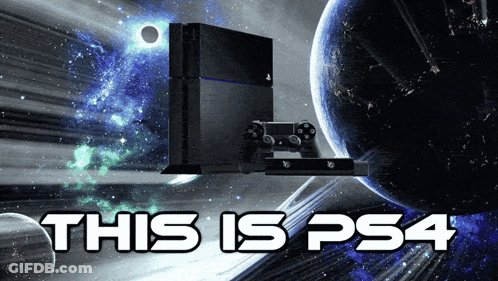 A Picture Of A Ps4 In Space With The Words This Is Ps4 Below It GIF