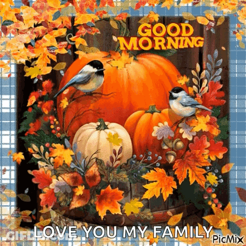 A Picture Of A Pumpkin And Leaves With The Words Good Morning Love You My Family GIF