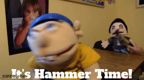 A Picture Of A Puppet With The Words It 'S Hammer Time On The Bottom GIF