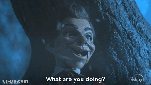A Picture Of A Puppet With The Words What Are You Doing On It GIF