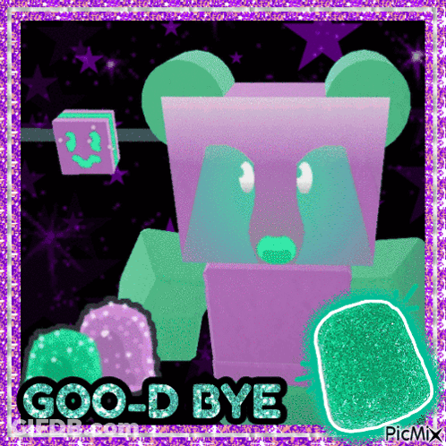 A Picture Of A Purple And Green Bear With The Words Goo-D Bye GIF