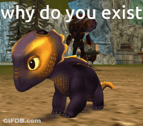 A Picture Of A Purple And Yellow Dragon With The Words Why Do You Exist Above It GIF