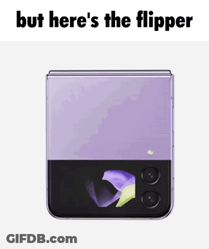 A Picture Of A Purple Flip Phone With The Words But Here 'S The Flipper Below It GIF