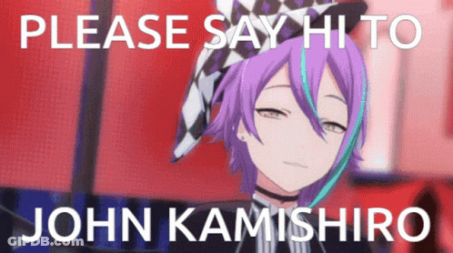 A Picture Of A Purple Haired Anime Character With The Words Please Say Hi To John Kamishiro GIF