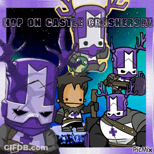 A Picture Of A Purple Knight With The Words Hop On Castle Crashers GIF